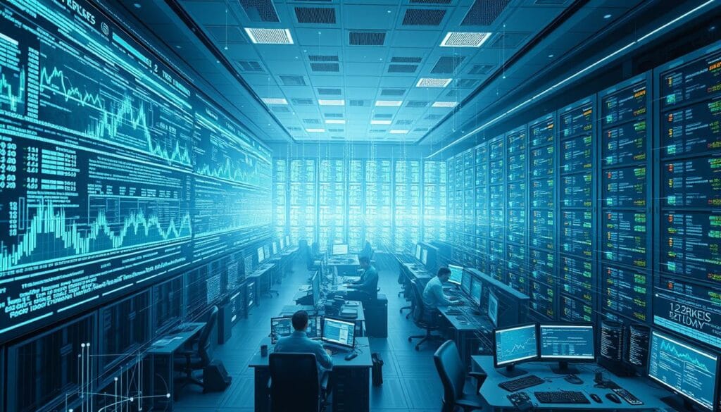 A vast digital landscape unfolds, a symphony of algorithms and data streams. In the foreground, sleek screens display intricate financial models, pulsing with real-time market insights. Cascading lines of code dance across the displays, weaving a tapestry of advanced trading strategies. The middle ground reveals a command center, where teams of analysts and engineers collaborate, their faces illuminated by the glow of their workstations. Towering server arrays hum in the background, processing massive volumes of data, powering the intelligent algorithms that shape the markets of 2025. The scene is bathed in a cool, ethereal light, conveying a sense of precision, power, and technological mastery. A vast digital landscape unfolds, a symphony of algorithms and data streams. In the foreground, sleek screens display intricate financial models, pulsing with real-time market insights. Cascading lines of code dance across the displays, weaving a tapestry of advanced trading strategies. The middle ground reveals a command center, where teams of analysts and engineers collaborate, their faces illuminated by the glow of their workstations. Towering server arrays hum in the background, processing massive volumes of data, powering the intelligent algorithms that shape the markets of 2025. The scene is bathed in a cool, ethereal light, conveying a sense of precision, power, and technological mastery.