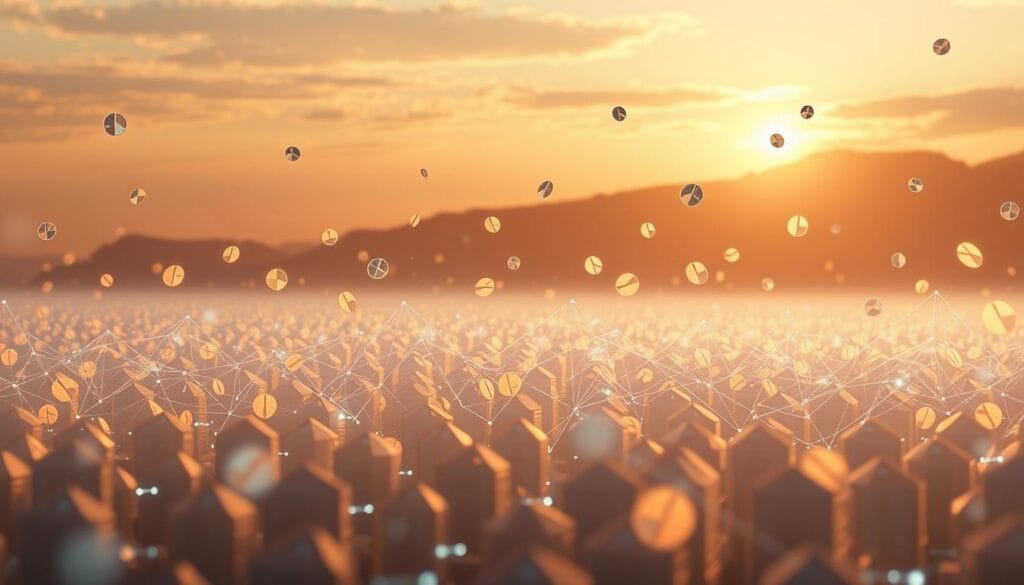 A vast expanse of fractional ownership tokens, each a unique digital representation of a share in a real estate asset. The tokens are depicted in a futuristic, holographic display, floating and interacting with each other in a sleek, minimalist interface. The background is a serene, ethereal landscape, bathed in a warm, golden light that adds a sense of tranquility and prosperity. The scene conveys the idea of a new, decentralized approach to real estate investment, where ownership is democratized and accessible to a broader audience. The image captures the exciting potential of tokenized real estate in the year 2025.