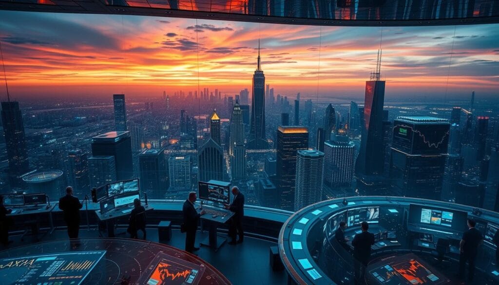 A vast, futuristic cityscape stretches out in the distance, its towering skyscrapers and gleaming spires reflecting the brilliant hues of a sunset sky. In the foreground, a sleek, glass-enclosed trading floor is bustling with activity, its occupants surrounded by a dazzling array of holographic displays and touchscreen interfaces. The air is charged with an air of technological sophistication, as traders and analysts pore over reams of data, their faces illuminated by the glow of advanced algorithms processing lightning-fast market signals. The scene conveys a sense of power, precision, and the relentless march of progress in the world of AI-driven finance. A vast, futuristic cityscape stretches out in the distance, its towering skyscrapers and gleaming spires reflecting the brilliant hues of a sunset sky. In the foreground, a sleek, glass-enclosed trading floor is bustling with activity, its occupants surrounded by a dazzling array of holographic displays and touchscreen interfaces. The air is charged with an air of technological sophistication, as traders and analysts pore over reams of data, their faces illuminated by the glow of advanced algorithms processing lightning-fast market signals. The scene conveys a sense of power, precision, and the relentless march of progress in the world of AI-driven finance.