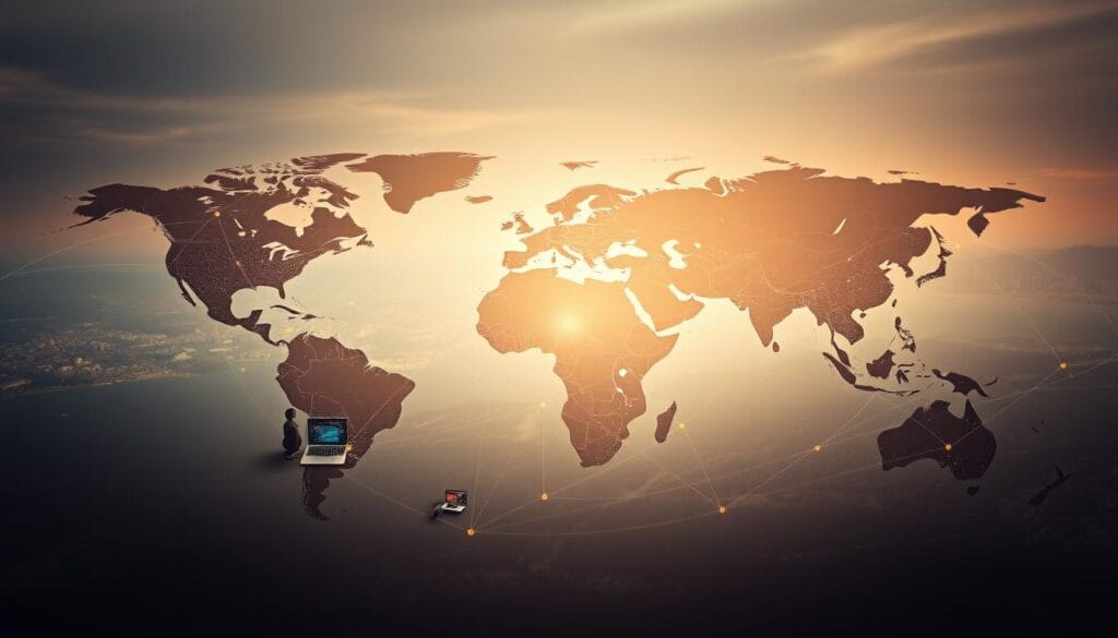 A vast, global map spanning the foreground, illuminated by a soft, warm light. In the middle ground, silhouettes of remote workers connected via laptops, phones, and tablets, their digital trails weaving a intricate network across continents. The background fades into a dreamlike blur of cityscapes, forests, and oceans, representing the boundless reach of the digital nomad lifestyle. Cinematic lighting accentuates the sense of interconnectedness and freedom, while a muted color palette evokes a contemplative, almost nostalgic mood. The overall composition suggests the essential role of comprehensive travel insurance in empowering the modern, location-independent professional. A vast, global map spanning the foreground, illuminated by a soft, warm light. In the middle ground, silhouettes of remote workers connected via laptops, phones, and tablets, their digital trails weaving a intricate network across continents. The background fades into a dreamlike blur of cityscapes, forests, and oceans, representing the boundless reach of the digital nomad lifestyle. Cinematic lighting accentuates the sense of interconnectedness and freedom, while a muted color palette evokes a contemplative, almost nostalgic mood. The overall composition suggests the essential role of comprehensive travel insurance in empowering the modern, location-independent professional.