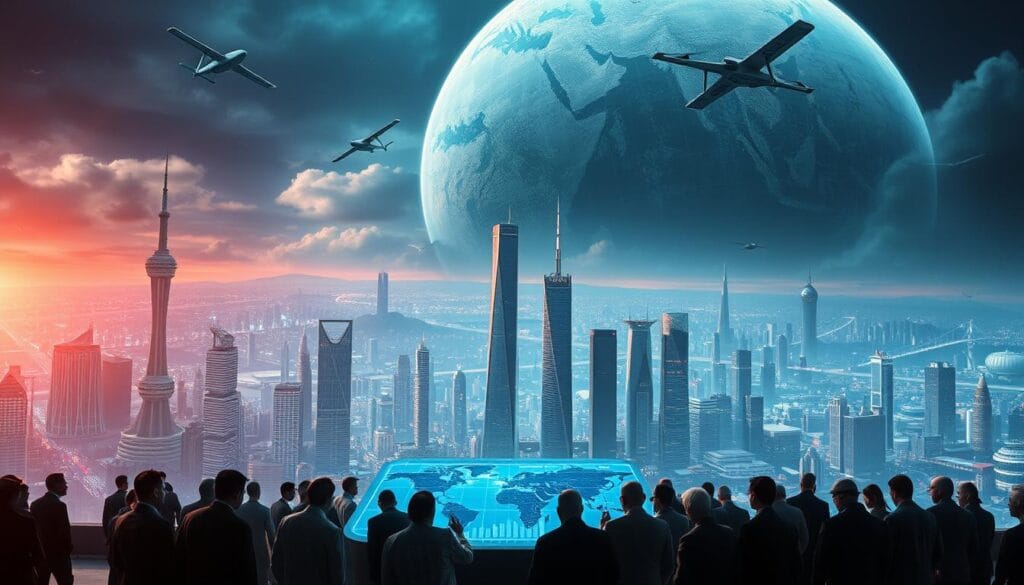 A vast global stage, nations and tech giants in fierce competition. In the foreground, leaders gathered around a holographic display, strategies and data visualizations illuminating the high-stakes race for technological supremacy. Towering skyscrapers and futuristic cityscapes form the middle ground, reflecting the ambitious visions of the world's innovation hubs. In the background, an ominous geopolitical landscape, satellites and drones patrolling the skies, the constant tension of national security concerns. Dramatic lighting casts dramatic shadows, the mood intense and high-stakes, as the fate of industries and even nations hangs in the balance. A vast global stage, nations and tech giants in fierce competition. In the foreground, leaders gathered around a holographic display, strategies and data visualizations illuminating the high-stakes race for technological supremacy. Towering skyscrapers and futuristic cityscapes form the middle ground, reflecting the ambitious visions of the world's innovation hubs. In the background, an ominous geopolitical landscape, satellites and drones patrolling the skies, the constant tension of national security concerns. Dramatic lighting casts dramatic shadows, the mood intense and high-stakes, as the fate of industries and even nations hangs in the balance.