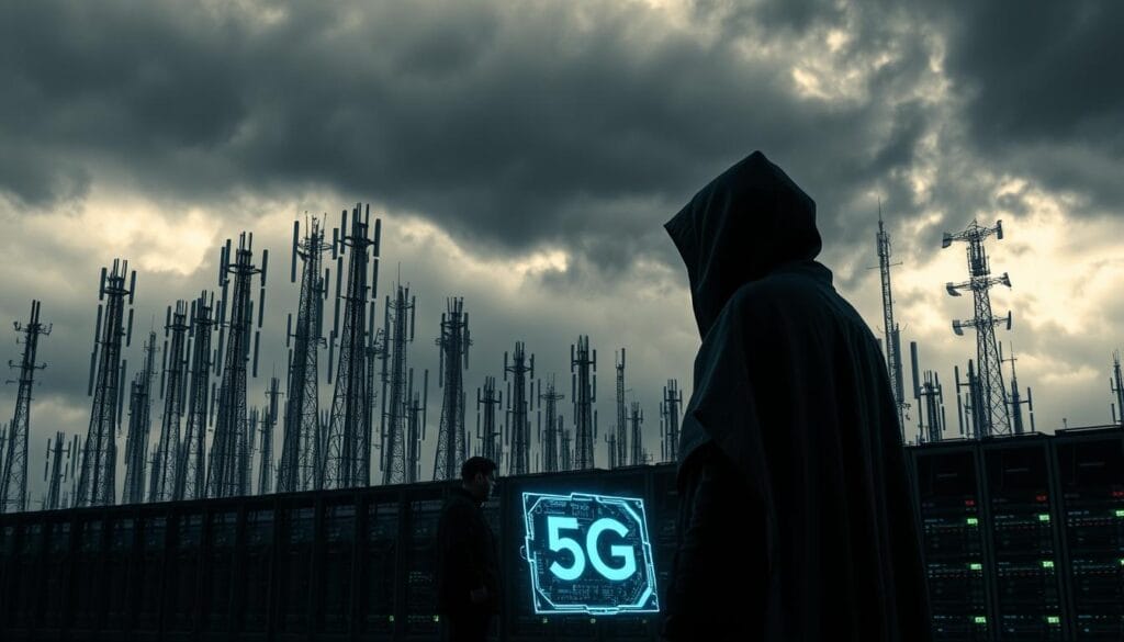 A vast network of 5G cellular antennas stands tall against a moody, stormy sky. In the foreground, a figure in a dark cloak examines a glowing holographic display, surrounded by an array of high-tech security devices. Dramatic chiaroscuro lighting casts deep shadows, heightening the sense of tension and potential vulnerability in this vital infrastructure. In the middle ground, rows of server racks and data storage units hum with activity, protected by a web of cables and sensors. The background is obscured by swirling clouds, hinting at the unseen threats that loom over this critical 5G ecosystem.
