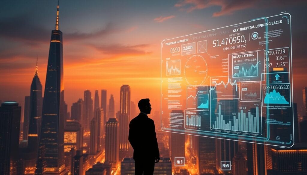 A vast, sleek cityscape at night, with towering skyscrapers bathed in a warm, golden glow. In the foreground, a holographic display hovers, visualizing complex financial data and algorithms. A lone figure, silhouetted against the display, gazes thoughtfully at the insights it provides, symbolizing the integration of artificial intelligence in modern finance. The scene conveys a sense of technological progress, innovation, and the power of data-driven decision-making in the financial world of the future.