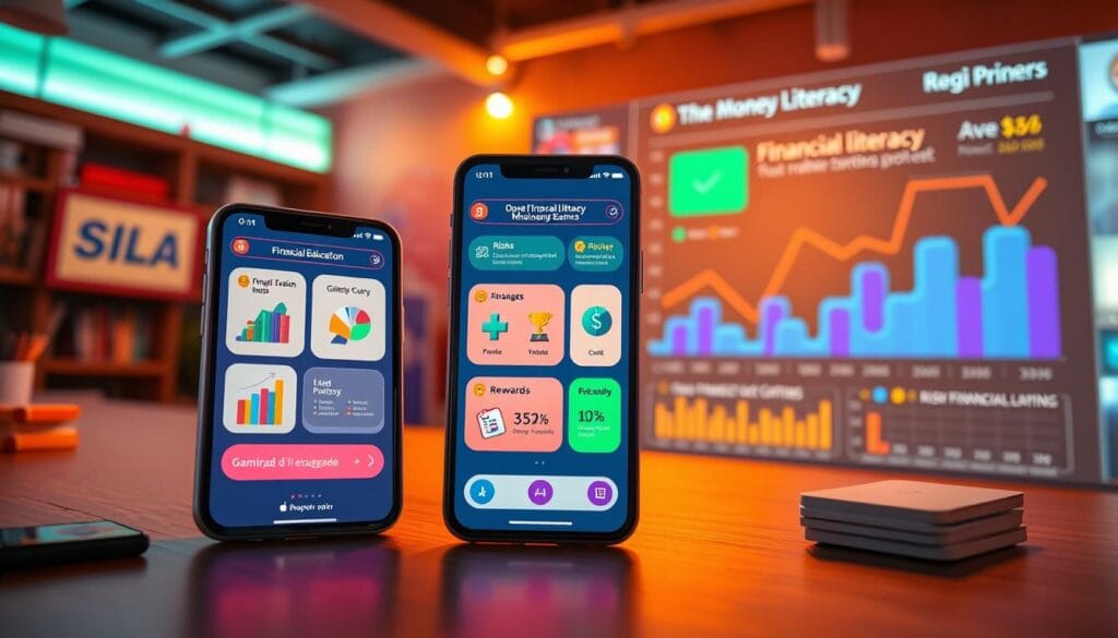A vibrant and colorful image of financial literacy gamification tools. In the foreground, a sleek and modern smartphone displays engaging financial education mini-games, with interactive graphs, quizzes, and rewards systems. The middle ground features a playful and intuitive user interface, guiding the user through personalized financial management tasks. In the background, a dynamic data visualization showcases the impact of these gamified learning tools, with rising financial literacy levels and better money management habits. The lighting is warm and inviting, creating a sense of approachability and empowerment. The scene is captured with a wide-angle lens, emphasizing the seamless integration of technology and finance for an enhanced user experience. A vibrant and colorful image of financial literacy gamification tools. In the foreground, a sleek and modern smartphone displays engaging financial education mini-games, with interactive graphs, quizzes, and rewards systems. The middle ground features a playful and intuitive user interface, guiding the user through personalized financial management tasks. In the background, a dynamic data visualization showcases the impact of these gamified learning tools, with rising financial literacy levels and better money management habits. The lighting is warm and inviting, creating a sense of approachability and empowerment. The scene is captured with a wide-angle lens, emphasizing the seamless integration of technology and finance for an enhanced user experience.