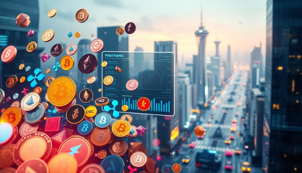 A vibrant and diverse crypto portfolio against a backdrop of futuristic technology. In the foreground, a kaleidoscope of digital currency symbols - Bitcoin, Ethereum, Litecoin, Ripple, and more - float and intersect, showcasing the breadth of investment opportunities. The middle ground features a sleek, holographic financial dashboard, displaying real-time market data and performance analytics. In the distance, a cityscape of gleaming skyscrapers and neon-lit streets, representing the dynamic and ever-evolving world of cryptocurrency. Soft, diffused lighting casts an ethereal glow, creating a sense of awe and potential. Cinematic camera angles and a subtle depth of field emphasize the complexity and interconnectedness of this diversified crypto landscape.