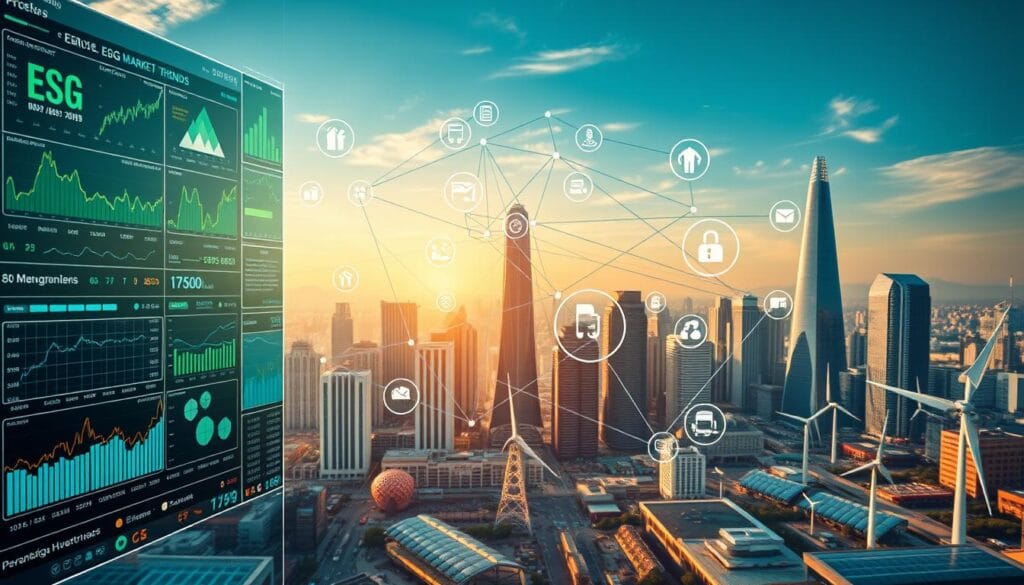 A vibrant and dynamic depiction of emerging ESG market trends, showcasing a collage of interconnected data visualizations, financial charts, and sustainable business icons. The foreground features a modern, minimalist interface displaying real-time stock performance, emissions data, and renewable energy adoption rates. The middle ground presents a network of interlinking arrows and data points, illustrating the complex interdependencies between environmental, social, and governance factors. In the background, a panoramic cityscape with gleaming skyscrapers and renewable energy infrastructure sets the stage for this evolving sustainable finance landscape. Captured with a wide-angle lens and softly diffused lighting, the scene conveys a sense of progress, innovation, and a future driven by responsible investment practices.