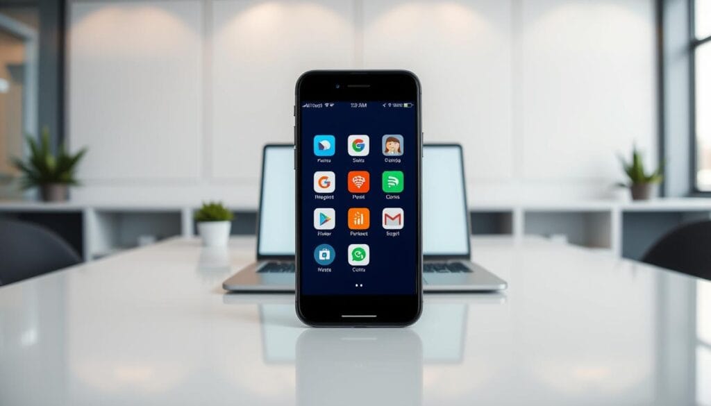 A vibrant and seamless integration of fintech apps, showcasing a clean and modern UI design. In the foreground, a smartphone displays various fintech app icons, reflecting the diverse financial management tools available to small businesses. The middle ground features a laptop and tablet, representing the cross-platform accessibility of these apps. The background is a minimalist, yet sophisticated office setting, with geometric patterns and soft lighting, creating a professional and tech-savvy atmosphere. The overall composition conveys the streamlined, efficient, and user-friendly nature of fintech app integration for small businesses.