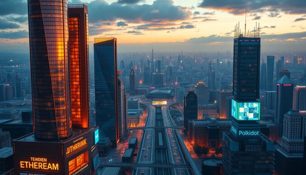 A vibrant, cinematic scene depicting the leading blockchain networks in 2025. In the foreground, towering skyscrapers housing the headquarters of prominent DeFi platforms like Ethereum, Solana, and Polkadot, their sleek, futuristic designs illuminated by warm, golden light. In the middle ground, a bustling cityscape filled with autonomous vehicles and pedestrians going about their digital-centric lives. In the background, a sprawling metropolitan skyline, with holographic billboards and neon-tinged skies, symbolizing the technological advancements transforming the DeFi landscape. The overall mood is one of innovation, progress, and the boundless potential of decentralized finance. A vibrant, cinematic scene depicting the leading blockchain networks in 2025. In the foreground, towering skyscrapers housing the headquarters of prominent DeFi platforms like Ethereum, Solana, and Polkadot, their sleek, futuristic designs illuminated by warm, golden light. In the middle ground, a bustling cityscape filled with autonomous vehicles and pedestrians going about their digital-centric lives. In the background, a sprawling metropolitan skyline, with holographic billboards and neon-tinged skies, symbolizing the technological advancements transforming the DeFi landscape. The overall mood is one of innovation, progress, and the boundless potential of decentralized finance.