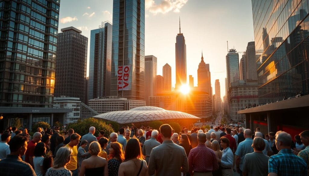 A vibrant cityscape at golden hour, with towering skyscrapers and bustling streets. In the foreground, a diverse group of people gather, engaged in lively discussions and exchanging ideas. Rays of warm light filter through the windows, casting a hopeful glow on the scene. In the middle ground, innovative eco-friendly buildings and renewable energy infrastructure are visible, representing the emerging impact investment opportunities. The background is filled with a blend of modern and futuristic architecture, hinting at the evolving landscape of sustainable finance. The overall atmosphere conveys a sense of progress, optimism, and a commitment to making a positive difference in the world. A vibrant cityscape at golden hour, with towering skyscrapers and bustling streets. In the foreground, a diverse group of people gather, engaged in lively discussions and exchanging ideas. Rays of warm light filter through the windows, casting a hopeful glow on the scene. In the middle ground, innovative eco-friendly buildings and renewable energy infrastructure are visible, representing the emerging impact investment opportunities. The background is filled with a blend of modern and futuristic architecture, hinting at the evolving landscape of sustainable finance. The overall atmosphere conveys a sense of progress, optimism, and a commitment to making a positive difference in the world.