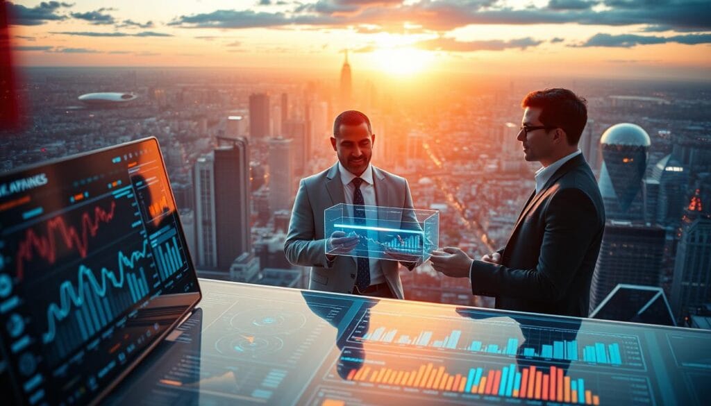 A vibrant, data-driven visualization of an AI-powered investment portfolio's growth trajectory. In the foreground, a sleek, futuristic dashboard displays dynamic charts and graphs tracking key performance metrics. The middle ground features a trio of savvy investment advisors, their faces illuminated by the glow of holographic displays, engaged in a collaborative strategy session. In the background, a panoramic cityscape of towering skyscrapers and bustling financial districts, bathed in the warm, golden light of a setting sun - a symbol of the AI-driven wealth and prosperity transforming the investment landscape. The scene radiates a sense of innovation, precision, and limitless potential. A vibrant, data-driven visualization of an AI-powered investment portfolio's growth trajectory. In the foreground, a sleek, futuristic dashboard displays dynamic charts and graphs tracking key performance metrics. The middle ground features a trio of savvy investment advisors, their faces illuminated by the glow of holographic displays, engaged in a collaborative strategy session. In the background, a panoramic cityscape of towering skyscrapers and bustling financial districts, bathed in the warm, golden light of a setting sun - a symbol of the AI-driven wealth and prosperity transforming the investment landscape. The scene radiates a sense of innovation, precision, and limitless potential.