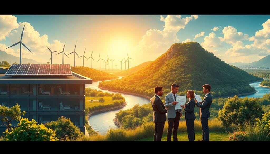 A vibrant, detailed illustration of a sustainable financing framework. In the foreground, a sleek office building with solar panels on the roof and wind turbines in the distance, symbolizing renewable energy sources. In the middle ground, a team of professionals in business attire reviewing financial documents and graphs, representing sustainable investment strategies. In the background, a lush, verdant landscape with a river flowing through, denoting the environmental consciousness of the framework. The scene is bathed in warm, golden lighting, conveying a sense of optimism and progress towards a sustainable future. The image captures the intersection of finance, renewable energy, and environmental responsibility.