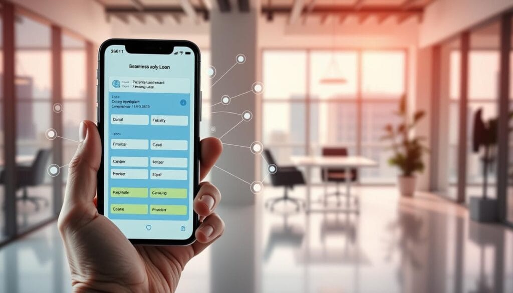 A vibrant digital interface with a seamless loan application process. In the foreground, a hand holds a smartphone, its screen displaying an interactive digital form with fields for personal and financial information. The middle ground features a network of interconnected data flows, representing the secure data exchange between the applicant and the lending institution. In the background, a sleek, minimalist office setting with large windows suggests a modern, technology-driven workspace. Soft, warm lighting creates a sense of approachability and efficiency, while the clean, uncluttered composition conveys the streamlined nature of the instant approval business loan process. A vibrant digital interface with a seamless loan application process. In the foreground, a hand holds a smartphone, its screen displaying an interactive digital form with fields for personal and financial information. The middle ground features a network of interconnected data flows, representing the secure data exchange between the applicant and the lending institution. In the background, a sleek, minimalist office setting with large windows suggests a modern, technology-driven workspace. Soft, warm lighting creates a sense of approachability and efficiency, while the clean, uncluttered composition conveys the streamlined nature of the instant approval business loan process.