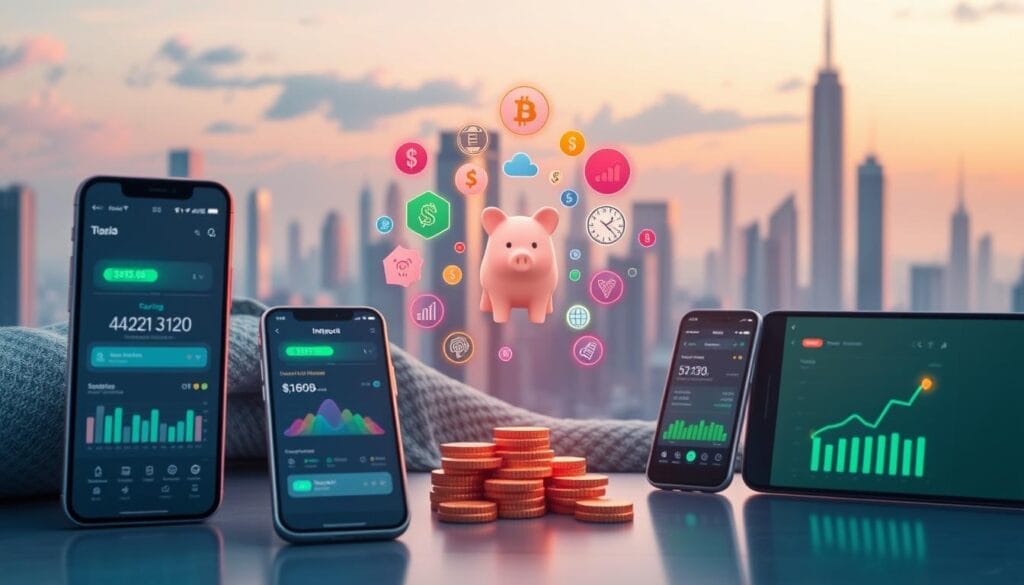 A vibrant digital landscape showcasing a variety of fintech apps designed for saving money. In the foreground, sleek mobile devices display intuitive interfaces with colorful charts, graphs, and savings trackers. In the middle ground, a cluster of financial icons such as coins, piggy banks, and investment symbols hover over the scene, emphasizing the apps' financial capabilities. The background features a futuristic cityscape with skyscrapers and a serene, pastel-toned sky, conveying a sense of modern, technology-driven financial empowerment. The overall mood is one of innovation, efficiency, and financial well-being, reflecting the power of fintech to revolutionize personal savings.