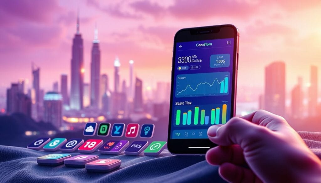 A vibrant digital landscape showcasing a variety of modern financial goal-tracking apps. In the foreground, a sleek smartphone display depicts colorful graphs, charts, and intuitive budgeting interfaces. The middle ground features a collection of stylized app icons, each representing a different feature or functionality. In the background, a futuristic cityscape with towering skyscrapers and a glowing, holographic skyline sets the tone of technological innovation. Soft, diffused lighting illuminates the scene, creating a sense of depth and emphasizing the digital nature of the tools. The overall composition conveys a harmonious blend of finance, technology, and the pursuit of personal financial objectives.