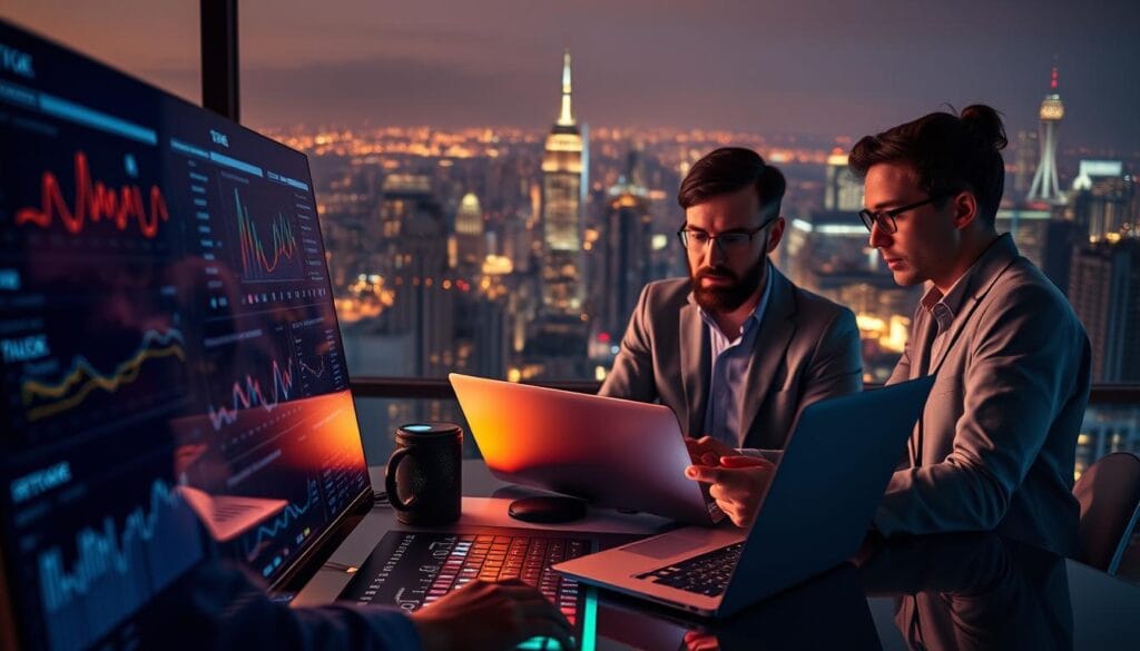 A vibrant, dynamic scene of an automated tax workflow analysis. In the foreground, a sleek, futuristic user interface with responsive graphs, charts, and data visualizations, bathed in a warm, ambient glow. The middle ground features a team of experts, their faces illuminated by the soft light of their laptops, deep in conversation as they analyze the data and optimize the tax strategy. In the background, a panoramic view of a bustling city skyline, symbolizing the widespread impact of these AI-driven tax optimization tools. The lighting is cinematic, with dramatic shadows and highlights that lend a sense of depth and drama to the scene. The overall mood is one of innovation, collaboration, and the promise of a more efficient, data-driven approach to tax planning.