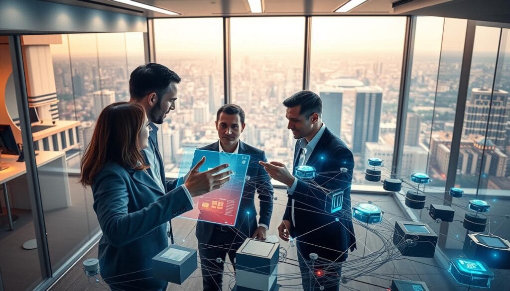 A vibrant, dynamic scene of process automation unfolding in a sleek, modern office environment. In the foreground, a team of professionals collaborate around a holographic display, their hands gesturing intuitively as they optimize workflows. The middle ground features a network of interconnected devices and sensors, conveying the efficient exchange of data. In the background, a panoramic window reveals a bustling cityscape, hinting at the global impact of these streamlined processes. Soft, directional lighting casts a warm, productive glow, complemented by the clean, minimalist aesthetic. The overall atmosphere conveys a sense of technological advancement, synergy, and a relentless pursuit of optimization.