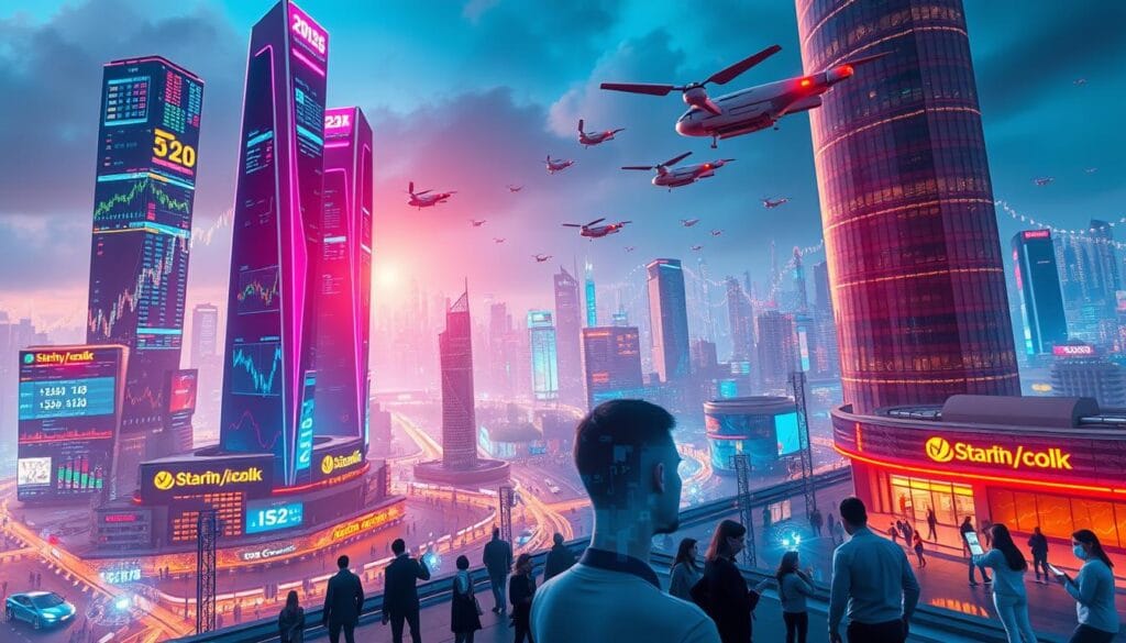 A vibrant, futuristic cityscape illuminated by neon hues and holographic displays, depicting the financial landscape of 2025. In the foreground, a trio of sleek, high-rise towers stand tall, their facades adorned with dynamic data visualizations and stock tickers. The middle ground features a bustling scene of pedestrians interacting with floating AR interfaces, analyzing market trends and making trades on their personal devices. In the background, a sprawling network of autonomous vehicles and drones navigates the skyline, reflecting the seamless integration of finance and technology. The scene is bathed in a warm, futuristic glow, conveying a sense of innovation, progress, and the transformative power of fintech. A vibrant, futuristic cityscape illuminated by neon hues and holographic displays, depicting the financial landscape of 2025. In the foreground, a trio of sleek, high-rise towers stand tall, their facades adorned with dynamic data visualizations and stock tickers. The middle ground features a bustling scene of pedestrians interacting with floating AR interfaces, analyzing market trends and making trades on their personal devices. In the background, a sprawling network of autonomous vehicles and drones navigates the skyline, reflecting the seamless integration of finance and technology. The scene is bathed in a warm, futuristic glow, conveying a sense of innovation, progress, and the transformative power of fintech.