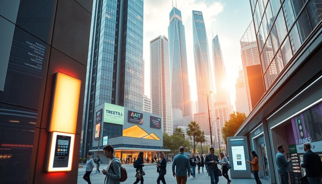 A vibrant, futuristic cityscape with towering skyscrapers and bustling streets. In the foreground, a seamless payment terminal embedded discreetly into the facade of a modern building, glowing with a soft, ambient light. Passersby effortlessly tap their mobile devices, completing transactions with a subtle gesture. The middle ground showcases sleek, minimalist retail storefronts and kiosks, their payment systems elegantly integrated into the overall design. In the background, a network of gleaming, interconnected towers reflects the innovative spirit of the embedded finance revolution, casting a warm, dynamic glow over the dynamic urban landscape. A vibrant, futuristic cityscape with towering skyscrapers and bustling streets. In the foreground, a seamless payment terminal embedded discreetly into the facade of a modern building, glowing with a soft, ambient light. Passersby effortlessly tap their mobile devices, completing transactions with a subtle gesture. The middle ground showcases sleek, minimalist retail storefronts and kiosks, their payment systems elegantly integrated into the overall design. In the background, a network of gleaming, interconnected towers reflects the innovative spirit of the embedded finance revolution, casting a warm, dynamic glow over the dynamic urban landscape.