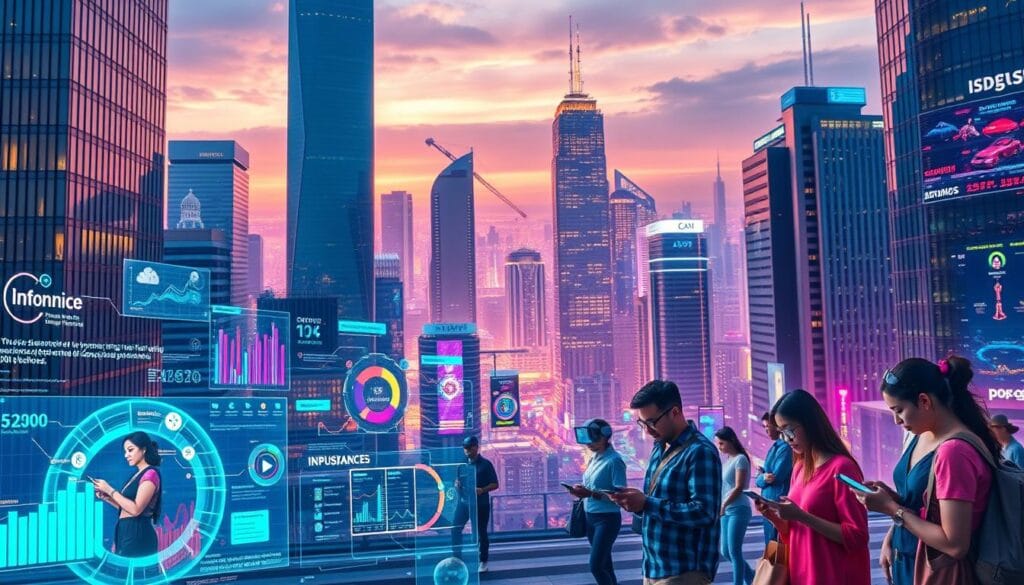 A vibrant, futuristic cityscape with towering skyscrapers and gleaming glass facades. In the foreground, a series of colorful, dynamic data visualizations and holographic displays showcase the latest insurance technology trends - from predictive analytics and personalized risk assessments to blockchain-powered claims processing and AI-driven customer service. The midground features a diverse array of tech-savvy consumers interacting with these cutting-edge insurtech solutions on their mobile devices, while the background is illuminated by a vibrant, neon-tinged skyline, conveying a sense of innovation, connectivity, and the transformation of the insurance industry. The scene is captured through the lens of a high-resolution, wide-angle camera, creating a sense of depth and immersion. A vibrant, futuristic cityscape with towering skyscrapers and gleaming glass facades. In the foreground, a series of colorful, dynamic data visualizations and holographic displays showcase the latest insurance technology trends - from predictive analytics and personalized risk assessments to blockchain-powered claims processing and AI-driven customer service. The midground features a diverse array of tech-savvy consumers interacting with these cutting-edge insurtech solutions on their mobile devices, while the background is illuminated by a vibrant, neon-tinged skyline, conveying a sense of innovation, connectivity, and the transformation of the insurance industry. The scene is captured through the lens of a high-resolution, wide-angle camera, creating a sense of depth and immersion.