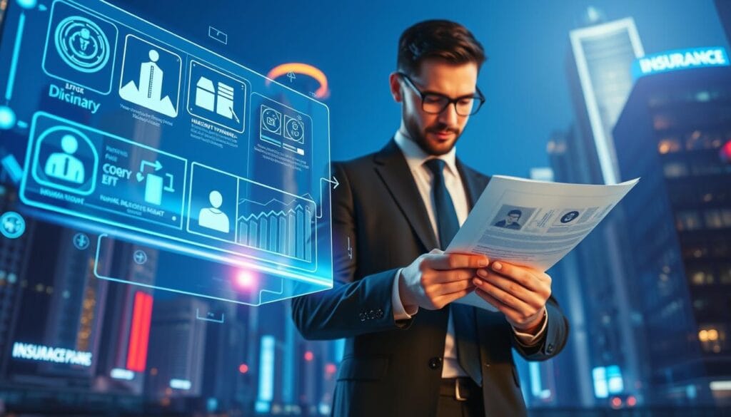 A vibrant, futuristic composition depicting the contrast between digital and traditional health plans. In the foreground, a sleek, holographic interface showcases the user-friendly features of a cutting-edge digital health plan, with data visualizations and icons floating in midair. In the middle ground, a well-dressed professional examines a physical insurance document, representing the familiar, paper-based traditional plans. The background features a cityscape with skyscrapers and glowing neon lights, conveying a sense of technological progress and innovation. The lighting is crisp and clean, with a blue-tinted color palette to evoke a modern, high-tech atmosphere. Captured with a wide-angle lens to emphasize the dynamic, layered composition. A vibrant, futuristic composition depicting the contrast between digital and traditional health plans. In the foreground, a sleek, holographic interface showcases the user-friendly features of a cutting-edge digital health plan, with data visualizations and icons floating in midair. In the middle ground, a well-dressed professional examines a physical insurance document, representing the familiar, paper-based traditional plans. The background features a cityscape with skyscrapers and glowing neon lights, conveying a sense of technological progress and innovation. The lighting is crisp and clean, with a blue-tinted color palette to evoke a modern, high-tech atmosphere. Captured with a wide-angle lens to emphasize the dynamic, layered composition.