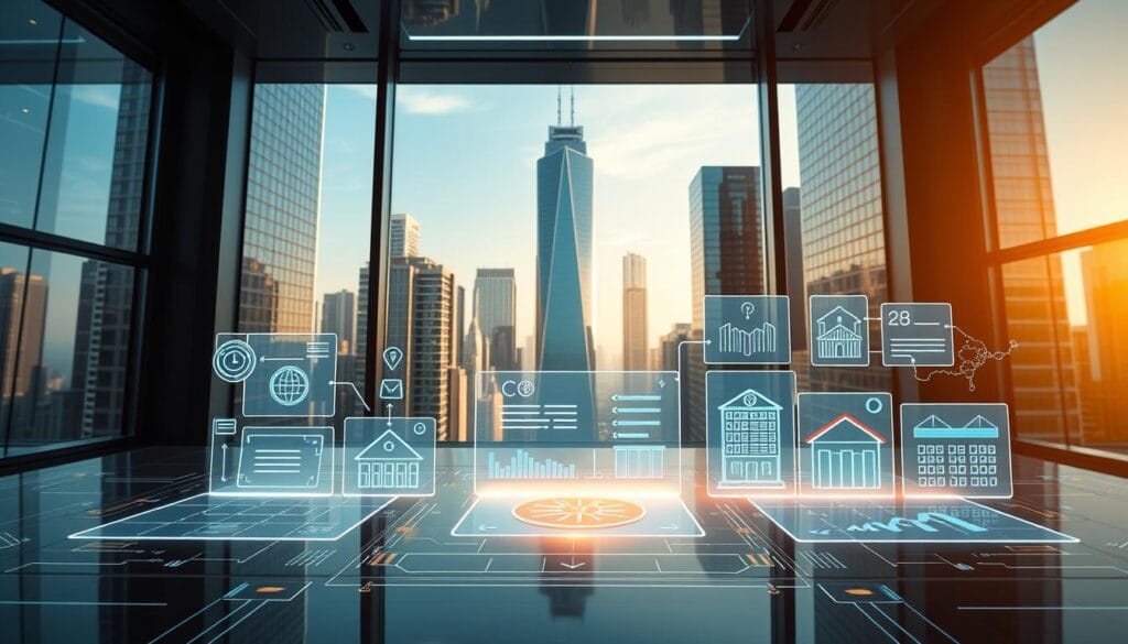 A vibrant, high-resolution image of a sleek, futuristic digital insurance platform. The foreground features a modern, intuitive user interface with clean lines, bold typography, and interactive icons. The middle ground showcases a variety of personalized insurance plans, displayed on holographic screens that respond to user gestures. In the background, a cityscape of towering skyscrapers is visible through floor-to-ceiling windows, bathed in a warm, golden light that creates a sense of sophistication and progress. The image conveys the efficiency, customization, and advanced technology of next-generation digital insurance solutions.