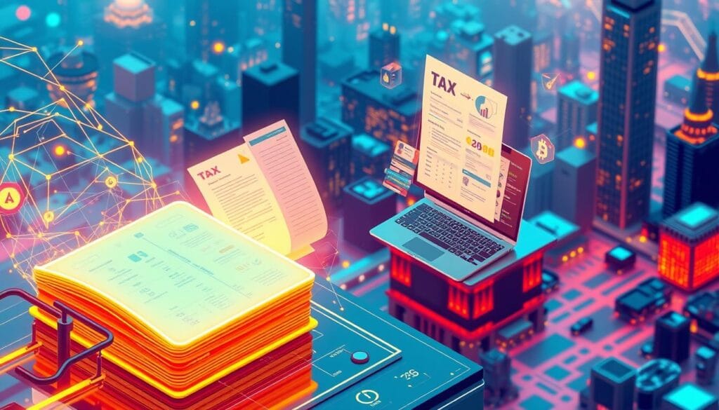 A vibrant, isometrically-rendered scene depicting the key benefits of using blockchain tax tools in 2025. In the foreground, a digital ledger glows with a warm, neon-like light, surrounded by cascading data streams and holographic tax forms floating in a virtual workspace. In the middle ground, a user-friendly interface displays tax calculations, deductions, and optimizations - all powered by secure, decentralized blockchain technology. The background showcases a cityscape of skyscrapers and technological infrastructure, hinting at the seamless integration of these innovative tools into the modern financial landscape. An atmosphere of efficiency, transparency, and technological progress permeates the entire composition. A vibrant, isometrically-rendered scene depicting the key benefits of using blockchain tax tools in 2025. In the foreground, a digital ledger glows with a warm, neon-like light, surrounded by cascading data streams and holographic tax forms floating in a virtual workspace. In the middle ground, a user-friendly interface displays tax calculations, deductions, and optimizations - all powered by secure, decentralized blockchain technology. The background showcases a cityscape of skyscrapers and technological infrastructure, hinting at the seamless integration of these innovative tools into the modern financial landscape. An atmosphere of efficiency, transparency, and technological progress permeates the entire composition.