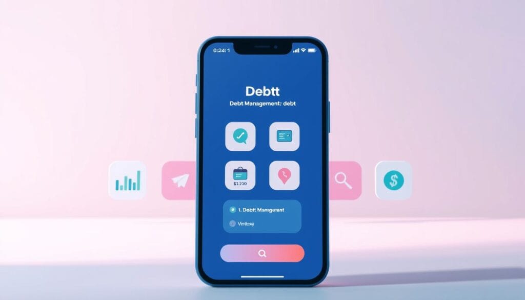A vibrant, minimalist illustration of debt management apps, capturing the intersection of personal finance and digital technology. In the foreground, a stylized smartphone screen showcases a clean, intuitive interface for managing debt, with visual cues like charts, graphs, and interactive buttons. The middle ground features a series of app icons, each representing a different debt management functionality - budgeting, payment scheduling, credit monitoring, and debt consolidation. The background is a soft, gradient-based environment, evoking a sense of organization and control over one's financial future. Subtle lighting and a muted color palette convey a professional, yet approachable atmosphere, suitable for the article's audience.