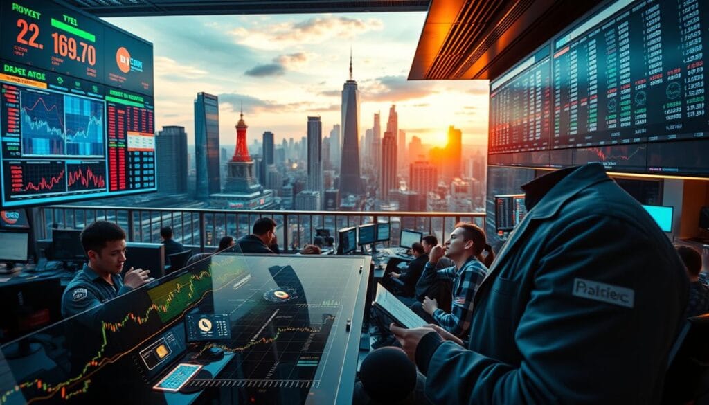 A vibrant, modern financial market landscape in 2025, captured with a wide-angle lens. In the foreground, a dynamic display of stock tickers, cryptocurrency charts, and real-time market analytics projected onto a sleek, holographic interface. The middle ground features a bustling trading floor, with traders intently focused on their high-resolution screens, their expressions a mix of concentration and determination. The background showcases a panoramic view of a futuristic city skyline, its towering skyscrapers and gleaming glass facades reflecting the warm glow of a setting sun. The scene is illuminated by a soft, diffused lighting, lending an air of sophistication and technological advancement to the overall composition.