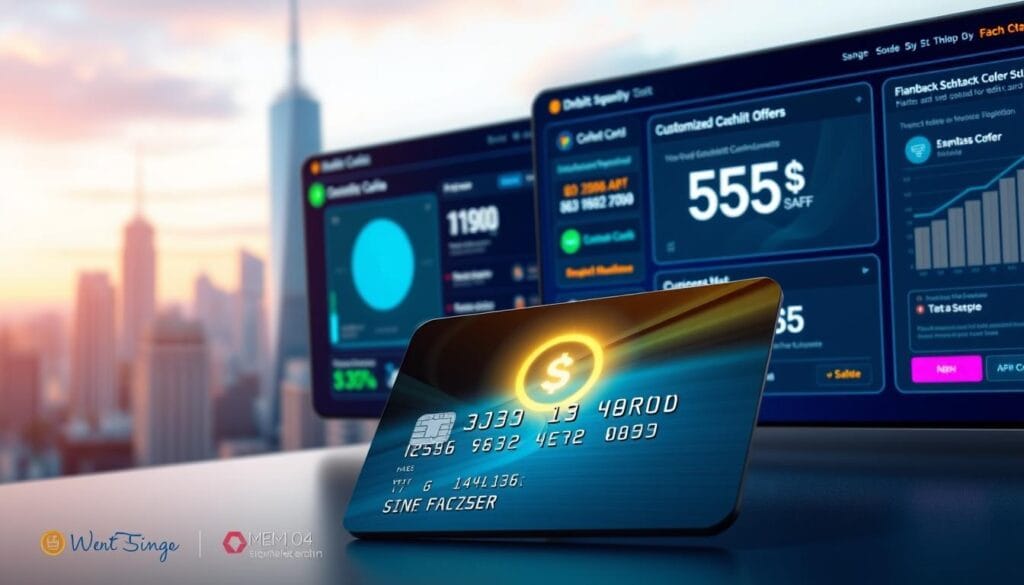 A vibrant, photorealistic image of various financial solutions related to cashback rewards, debit and credit cards. The foreground features a sleek, modern debit/credit card with a glowing rewards icon. The middle ground showcases digital interfaces displaying transaction history, balance, and customized cashback offers. The background depicts a blurred cityscape with skyscrapers, conveying a sense of a thriving financial hub. The lighting is soft and warm, creating a welcoming atmosphere. The overall composition highlights the convenience, personalization, and advanced capabilities of contemporary fintech debit and credit solutions. A vibrant, photorealistic image of various financial solutions related to cashback rewards, debit and credit cards. The foreground features a sleek, modern debit/credit card with a glowing rewards icon. The middle ground showcases digital interfaces displaying transaction history, balance, and customized cashback offers. The background depicts a blurred cityscape with skyscrapers, conveying a sense of a thriving financial hub. The lighting is soft and warm, creating a welcoming atmosphere. The overall composition highlights the convenience, personalization, and advanced capabilities of contemporary fintech debit and credit solutions.