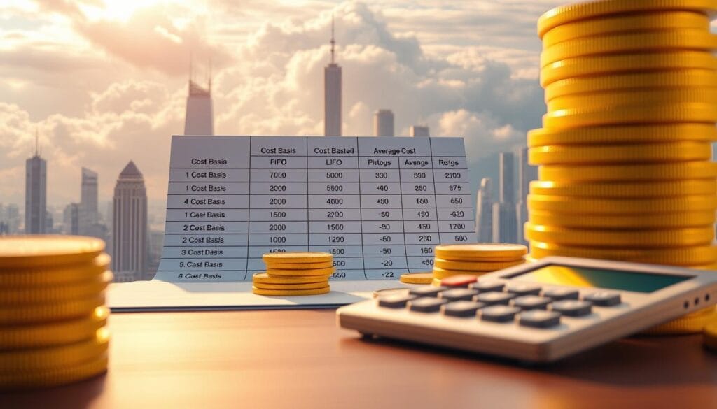A vibrant, three-dimensional scene depicting the various crypto cost basis methods. In the foreground, a stack of cryptocurrency coins and a calculator, symbolizing the process of calculating cost basis. In the middle ground, a ledger or spreadsheet displaying different cost basis calculation methods, such as FIFO, LIFO, and average cost. In the background, a futuristic city skyline with skyscrapers and a cloudy, dynamic sky, creating a sense of the technological and financial landscape of the cryptocurrency industry. The lighting is a warm, golden hue, conveying a sense of professionalism and expertise. The overall composition should feel organized, informative, and visually compelling.