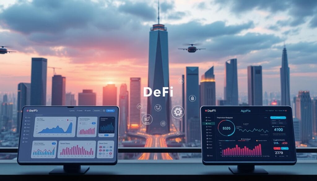 A vibrant, user-friendly interface featuring intuitive DeFi platforms set against a backdrop of a futuristic city skyline. The foreground showcases simplified, easy-to-navigate dashboards with clear visualizations of financial data and tools. In the middle ground, various DeFi protocols are represented by distinct, recognizable icons and symbols. The background depicts a sleek, high-tech metropolis with towering skyscrapers, hovering transport, and a glow of holographic displays. The overall scene conveys a sense of accessibility, innovation, and the transformative potential of decentralized finance in the year 2025. A vibrant, user-friendly interface featuring intuitive DeFi platforms set against a backdrop of a futuristic city skyline. The foreground showcases simplified, easy-to-navigate dashboards with clear visualizations of financial data and tools. In the middle ground, various DeFi protocols are represented by distinct, recognizable icons and symbols. The background depicts a sleek, high-tech metropolis with towering skyscrapers, hovering transport, and a glow of holographic displays. The overall scene conveys a sense of accessibility, innovation, and the transformative potential of decentralized finance in the year 2025.
