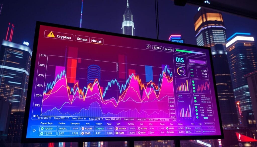 A vibrantly colored crypto market trends visualization displayed on a large digital screen. The foreground features a stylized line graph depicting the rise and fall of various cryptocurrency prices over time, with dynamic data visualizations pulsing across the screen. The middle ground showcases sleek, futuristic user interface elements, such as interactive charts, toggles, and data filtering tools. The background is filled with a dramatic cityscape backdrop, illuminated by neon hues and the glow of skyscrapers, creating an immersive, technological atmosphere. The overall scene conveys a sense of data-driven innovation, financial sophistication, and the ever-evolving nature of the crypto market.