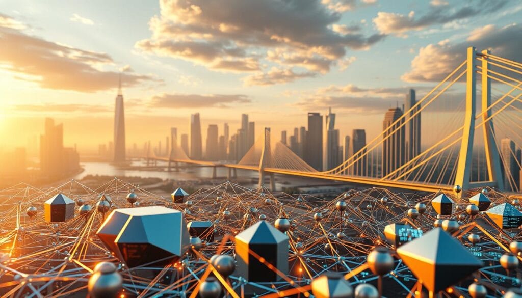 A visually arresting 3D render of portfolio optimization models, set against a backdrop of a futuristic financial skyline. In the foreground, a complex web of algorithms and data visualizations, rendered in sleek metallic tones and holographic effects, representing the core computational processes of AI-driven wealth management. In the middle ground, a series of abstract geometric shapes and symbols, emblematic of the various financial instruments and portfolio strategies. In the distant background, a skyline of towering skyscrapers and suspended bridges, bathed in a warm, golden glow, conveying a sense of progress, prosperity, and the transformative power of sustainable investing enabled by advanced AI technologies.