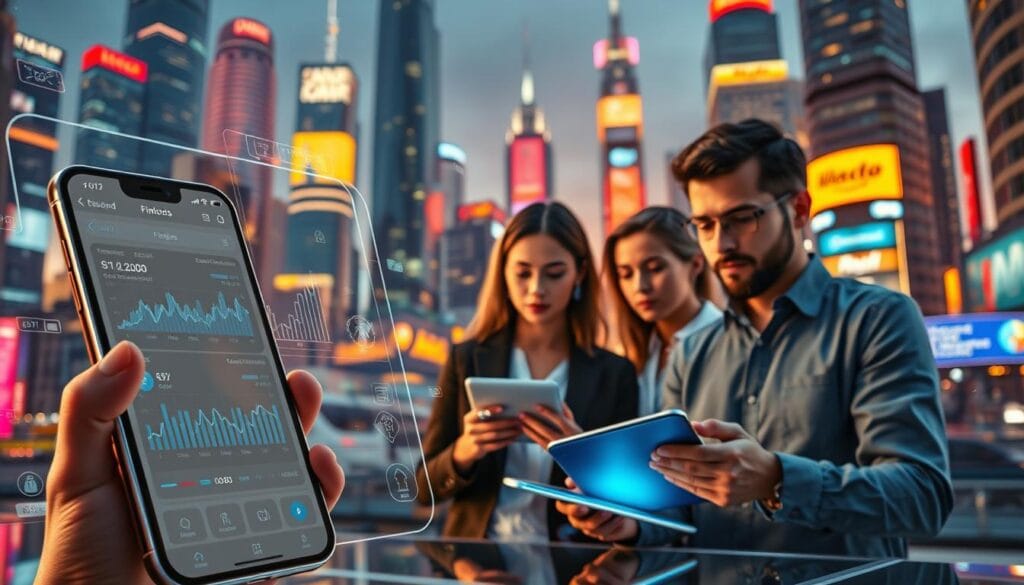 A visually captivating scene depicting the future of fintech trends in 2025. In the foreground, a sleek and modern digital wallet app showcases personalized financial data against a backdrop of holographic charts and graphs, illustrating the advanced analytics and AI-powered insights available to users. In the middle ground, a team of fintech professionals collaborates seamlessly using cutting-edge collaboration tools, their expressions focused and determined as they navigate the latest industry developments. The background is a bustling cityscape, skyscrapers adorned with neon-lit signage for innovative financial services companies, reflecting the rapid evolution and widespread adoption of fintech solutions across the urban landscape. Lighting is warm and vibrant, conveying a sense of progress and technological prowess, while the camera angle is slightly elevated to provide an expansive, panoramic view of this futuristic fintech ecosystem.