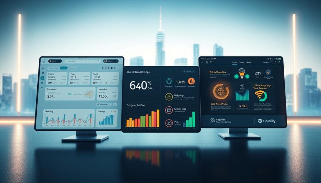 A visually striking comparison of leading robo-advisor platforms, showcased in a sleek, modern setting. In the foreground, a clean UI displaying various financial metrics and investment options, rendered with crisp, high-resolution detail. The middle ground features stylized icons and infographics highlighting key platform features, each glowing with a subtle neon-like luminance. The background is a minimalist cityscape, bathed in cool, futuristic lighting that creates a sense of technological sophistication. The overall composition conveys a balance of functionality, innovation, and a glimpse into the future of automated wealth management. A visually striking comparison of leading robo-advisor platforms, showcased in a sleek, modern setting. In the foreground, a clean UI displaying various financial metrics and investment options, rendered with crisp, high-resolution detail. The middle ground features stylized icons and infographics highlighting key platform features, each glowing with a subtle neon-like luminance. The background is a minimalist cityscape, bathed in cool, futuristic lighting that creates a sense of technological sophistication. The overall composition conveys a balance of functionality, innovation, and a glimpse into the future of automated wealth management.
