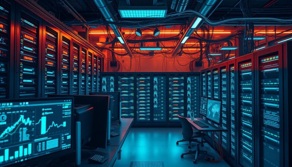 A visually striking data processing hub, bathed in a warm, ambient glow. In the foreground, sleek desktop computers and holographic displays showcase intricate financial models and forecasting algorithms. The middle ground features a bank of high-performance servers, their cooling fans whirring softly. In the background, a sprawling network of interconnected cables and fiber optics, pulsing with the steady flow of data. The scene conveys a sense of technological sophistication and analytical prowess, perfectly suited to illustrate the role of AI in enhancing financial forecasting accuracy. A visually striking data processing hub, bathed in a warm, ambient glow. In the foreground, sleek desktop computers and holographic displays showcase intricate financial models and forecasting algorithms. The middle ground features a bank of high-performance servers, their cooling fans whirring softly. In the background, a sprawling network of interconnected cables and fiber optics, pulsing with the steady flow of data. The scene conveys a sense of technological sophistication and analytical prowess, perfectly suited to illustrate the role of AI in enhancing financial forecasting accuracy.