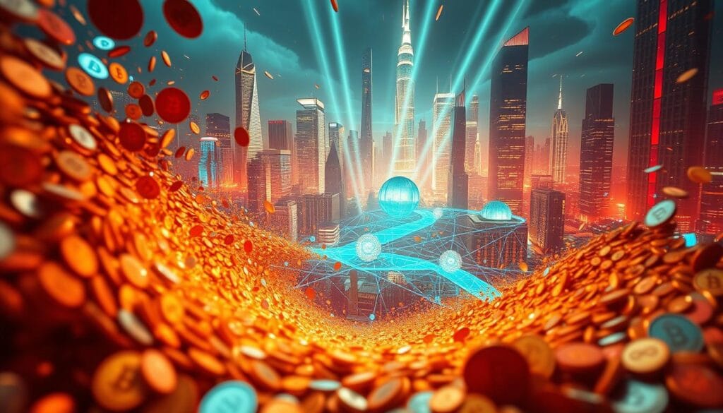 A visually striking scene depicting liquidity staking in the decentralized finance (DeFi) space. In the foreground, a swirling vortex of digital currencies, tokens, and cryptocurrencies, symbolizing the active pooling and lending of assets. The middle ground showcases a network of interconnected nodes and platforms, representing the decentralized infrastructure that enables the liquidity staking process. In the background, a futuristic cityscape of towering skyscrapers and neon-lit holograms, conveying the high-tech, immersive atmosphere of the DeFi ecosystem. The entire scene is bathed in a warm, vibrant color palette, creating a sense of dynamism and growth. Lighting is dramatic, with sharp contrasts and rays of light piercing through the composition, emphasizing the transformative power of liquidity staking.