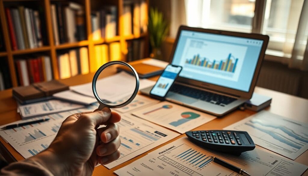 A warm-lit office desk with a laptop, calculator, and various financial documents and charts spread out. In the foreground, a hand holds a magnifying glass, examining the details. The middle ground features a mobile device displaying a financial app with visual analytics. In the background, a bookshelf filled with personal finance books casts soft shadows. The scene conveys a sense of focus, knowledge, and the importance of financial literacy tools in the digital age.