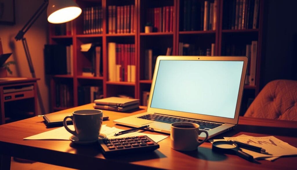 A warm-toned, high-contrast image set in a cozy home office. In the foreground, a laptop and a cup of coffee sit on a wooden desk, with a calculator, papers, and a magnifying glass nearby, hinting at the financial calculations and analysis involved in self-employment tax strategies. Behind the desk, a bookcase filled with tax and accounting books creates a sense of expertise and research. Soft, directional lighting from a floor lamp casts dynamic shadows, adding depth and drama to the scene. The overall atmosphere is one of focused productivity and professional problem-solving, reflecting the importance of effective self-employment tax planning. A warm-toned, high-contrast image set in a cozy home office. In the foreground, a laptop and a cup of coffee sit on a wooden desk, with a calculator, papers, and a magnifying glass nearby, hinting at the financial calculations and analysis involved in self-employment tax strategies. Behind the desk, a bookcase filled with tax and accounting books creates a sense of expertise and research. Soft, directional lighting from a floor lamp casts dynamic shadows, adding depth and drama to the scene. The overall atmosphere is one of focused productivity and professional problem-solving, reflecting the importance of effective self-employment tax planning.