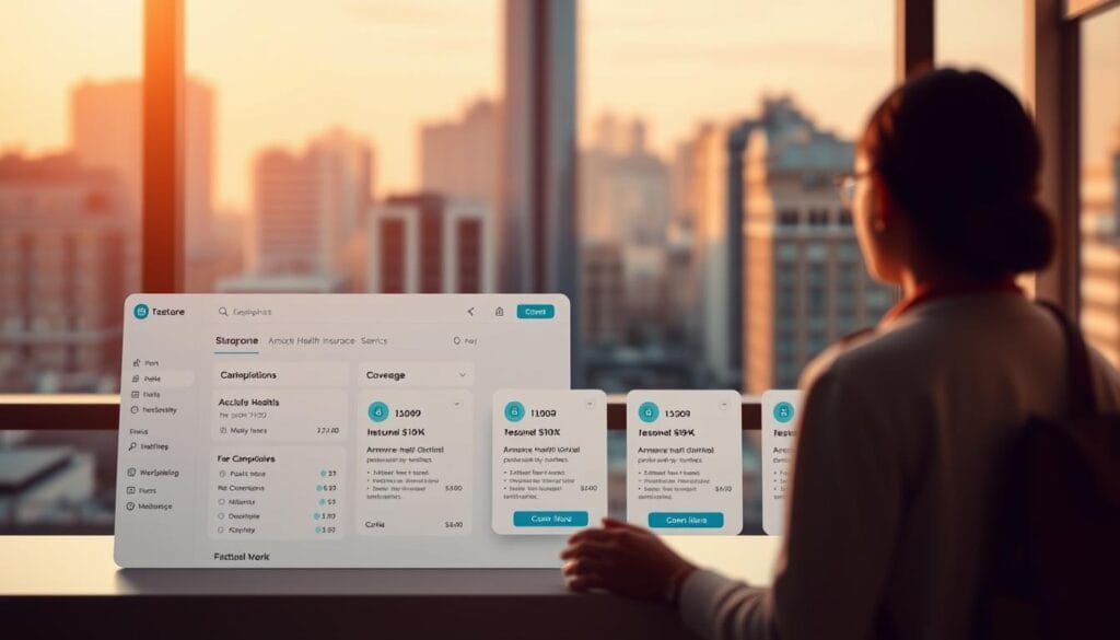 A warmly lit, modern healthcare marketplace interface showcasing a range of customizable health insurance plans. In the foreground, a clean, intuitive dashboard displays plan options, coverage details, and cost estimates. The middle ground features product cards with elegant typography and informative iconography. In the background, a blurred cityscape suggests the diverse community this marketplace serves. Subtle gradients and soft shadows create a refined, approachable aesthetic. The overall composition conveys a sense of empowerment and personalized healthcare solutions for the modern, tech-savvy consumer. A warmly lit, modern healthcare marketplace interface showcasing a range of customizable health insurance plans. In the foreground, a clean, intuitive dashboard displays plan options, coverage details, and cost estimates. The middle ground features product cards with elegant typography and informative iconography. In the background, a blurred cityscape suggests the diverse community this marketplace serves. Subtle gradients and soft shadows create a refined, approachable aesthetic. The overall composition conveys a sense of empowerment and personalized healthcare solutions for the modern, tech-savvy consumer.