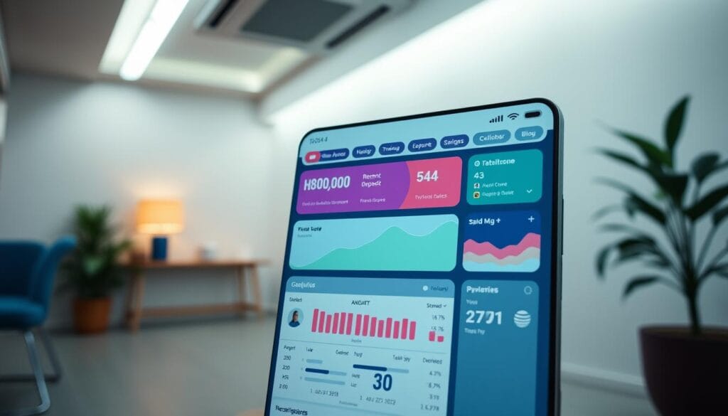 A well-designed fintech app interface showcasing a modern checking account dashboard, with a clear overview of key features like account balance, recent transactions, mobile check deposit, and personalized spending insights. The layout is clean and intuitive, with vibrant colors and sleek iconography. The foreground displays the app's core functionality, while the middle ground features subtle background elements like financial graphs and charts. Soft, indirect lighting creates a calming, professional atmosphere, and the camera angle suggests an elevated, user-centric perspective. The overall impression is one of a sophisticated, trustworthy financial management tool tailored for the needs of tech-savvy students. A well-designed fintech app interface showcasing a modern checking account dashboard, with a clear overview of key features like account balance, recent transactions, mobile check deposit, and personalized spending insights. The layout is clean and intuitive, with vibrant colors and sleek iconography. The foreground displays the app's core functionality, while the middle ground features subtle background elements like financial graphs and charts. Soft, indirect lighting creates a calming, professional atmosphere, and the camera angle suggests an elevated, user-centric perspective. The overall impression is one of a sophisticated, trustworthy financial management tool tailored for the needs of tech-savvy students.