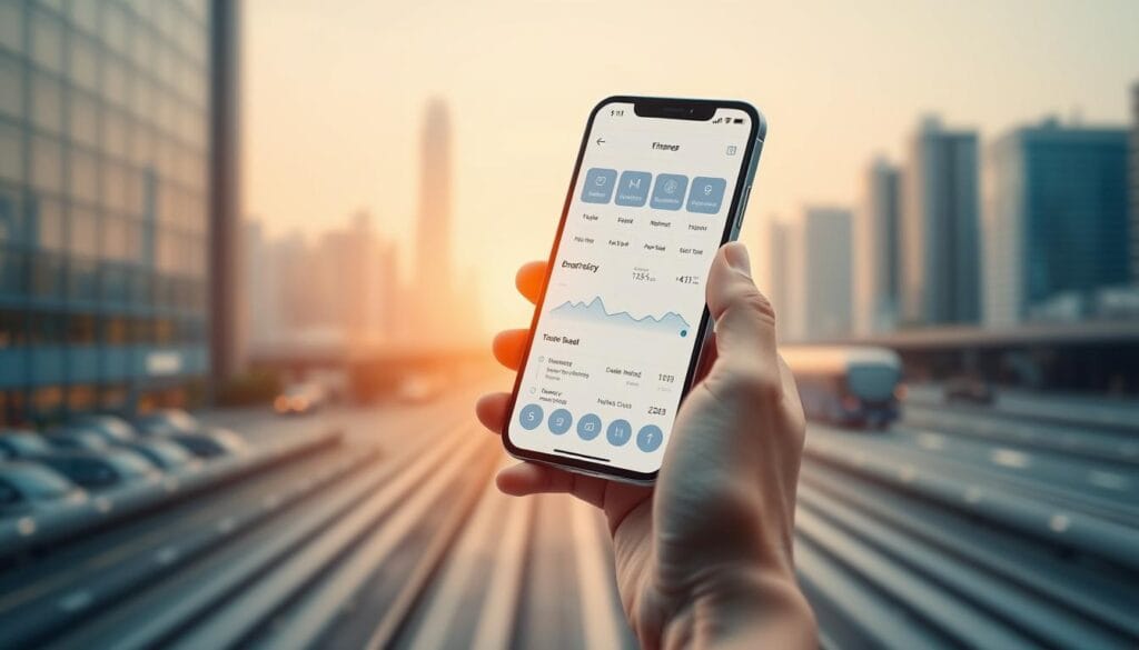 A well-designed mobile banking interface featuring a sleek, minimalist aesthetic. In the foreground, a hand holding a modern smartphone displays a clean, intuitive dashboard with seamless navigation. The screen is bathed in warm, soft lighting, creating a calming, inviting atmosphere. In the middle ground, a blurred cityscape with skyscrapers and transportation hubs suggests the interconnectedness of digital finance in an urban setting. The background showcases a muted, pastel-toned gradient, evoking a sense of technological progress and financial empowerment. The overall composition conveys a refined, user-centric mobile banking experience that is both visually appealing and highly functional.