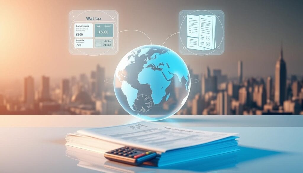 A well-lit, 3D-rendered scene depicting the basic concepts of cryptocurrency taxation. In the foreground, a stack of tax documents and a calculator sit on a sleek, minimalist desk. Floating above are holographic diagrams illustrating key tax considerations, such as capital gains, mining income, and deductible expenses. The middle ground features a transparent globe, with financial data and tax forms orbiting it, representing the global nature of crypto taxation. In the background, a city skyline extends, hinting at the complex regulatory landscape. The overall mood is informative and authoritative, guiding the viewer through the fundamentals of crypto tax compliance.