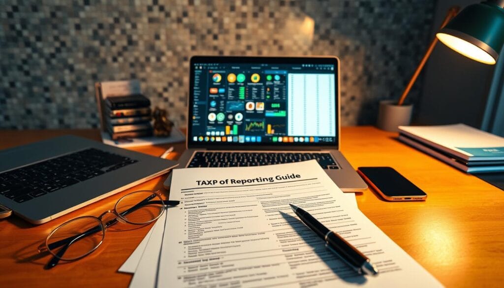 A well-lit and organized workstation with a laptop, smartphone, and financial documents spread out on a wooden desk. In the foreground, a pair of reading glasses and a pen rest next to a detailed cryptocurrency tax reporting guide. The middle ground features an array of various cryptocurrency exchange and wallet apps open on the laptop screen, while the background showcases a subtle blockchain-inspired mosaic wall pattern, creating a professional and tech-savvy atmosphere. The lighting is warm and inviting, guiding the viewer's attention to the tax reporting materials at the center of the scene.
