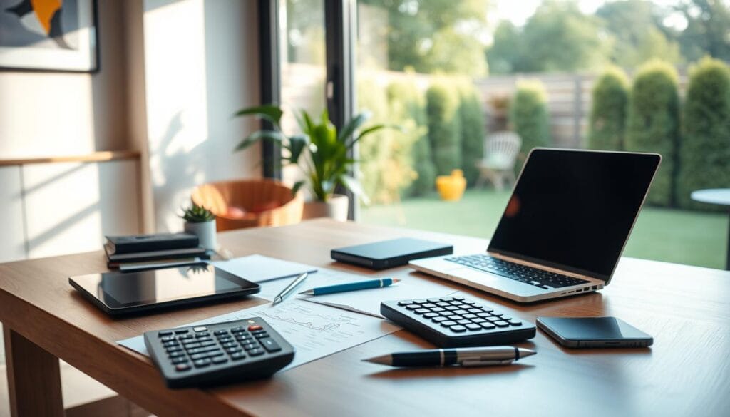 A well-lit, contemporary home office with a glass window overlooking a peaceful garden. On the desk, an array of digital devices and analogue tools used for retirement planning - a laptop, a tablet, a financial calculator, a pen and paper. The overall ambiance is one of focus, organization and forward-thinking, reflecting the evolution of retirement planning in the digital age. Soft, natural lighting filters in, casting a warm glow on the scene. The composition emphasizes the harmony between technology and traditional methods, hinting at the seamless integration of the two in modern retirement planning.