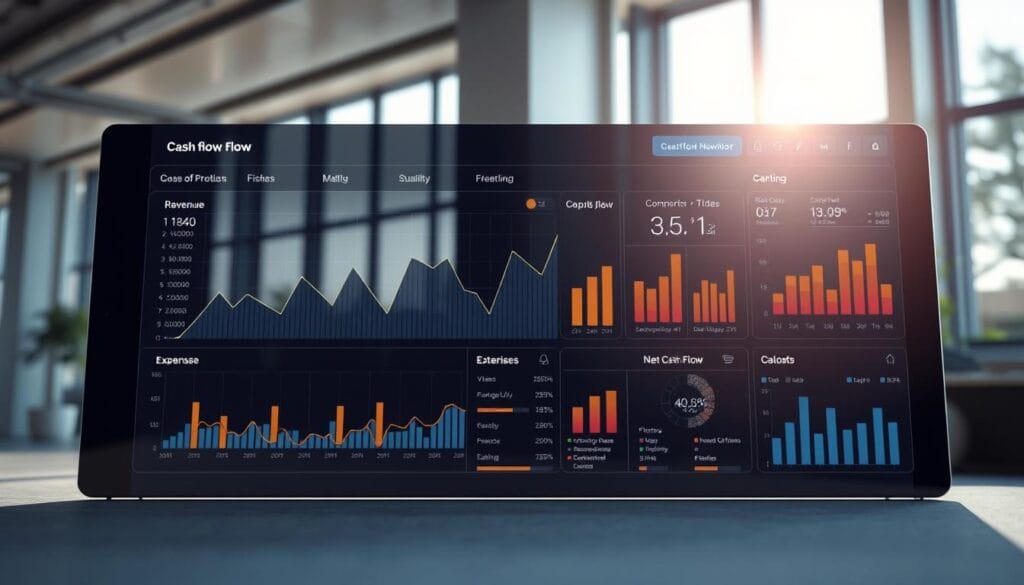 A well-lit, detailed 3D rendering of a comprehensive cash flow analysis dashboard. The foreground displays a clear, interactive graph highlighting revenue, expenses, and net cash flow trends over time. The middle ground features financial metrics and KPIs presented in an intuitive, easy-to-digest format. The background depicts a modern, minimalist office setting with large windows allowing natural light to flood the scene, creating a calm, professional atmosphere. Sophisticated color grading, depth of field, and high-quality textures convey the importance and complexity of understanding cash flow dynamics. A well-lit, detailed 3D rendering of a comprehensive cash flow analysis dashboard. The foreground displays a clear, interactive graph highlighting revenue, expenses, and net cash flow trends over time. The middle ground features financial metrics and KPIs presented in an intuitive, easy-to-digest format. The background depicts a modern, minimalist office setting with large windows allowing natural light to flood the scene, creating a calm, professional atmosphere. Sophisticated color grading, depth of field, and high-quality textures convey the importance and complexity of understanding cash flow dynamics.