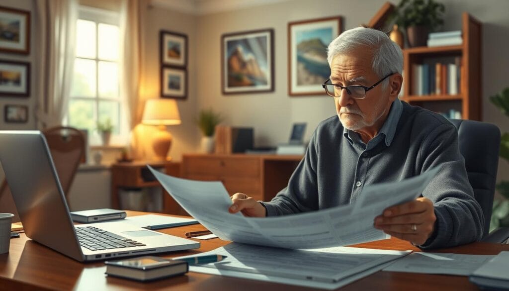 A well-lit, detailed illustration of a senior adult sitting at a desk, reviewing financial documents and life insurance paperwork. The foreground features the elder thoughtfully examining the papers, a pensive expression on their face. The middle ground showcases a neatly organized desk with a laptop, pen, and other office supplies. The background depicts a cozy, home office setting with bookshelves, framed artwork, and soft, ambient lighting, conveying a sense of comfort and security. The overall mood is one of careful consideration and contemplation around the important financial decisions facing seniors. A well-lit, detailed illustration of a senior adult sitting at a desk, reviewing financial documents and life insurance paperwork. The foreground features the elder thoughtfully examining the papers, a pensive expression on their face. The middle ground showcases a neatly organized desk with a laptop, pen, and other office supplies. The background depicts a cozy, home office setting with bookshelves, framed artwork, and soft, ambient lighting, conveying a sense of comfort and security. The overall mood is one of careful consideration and contemplation around the important financial decisions facing seniors.