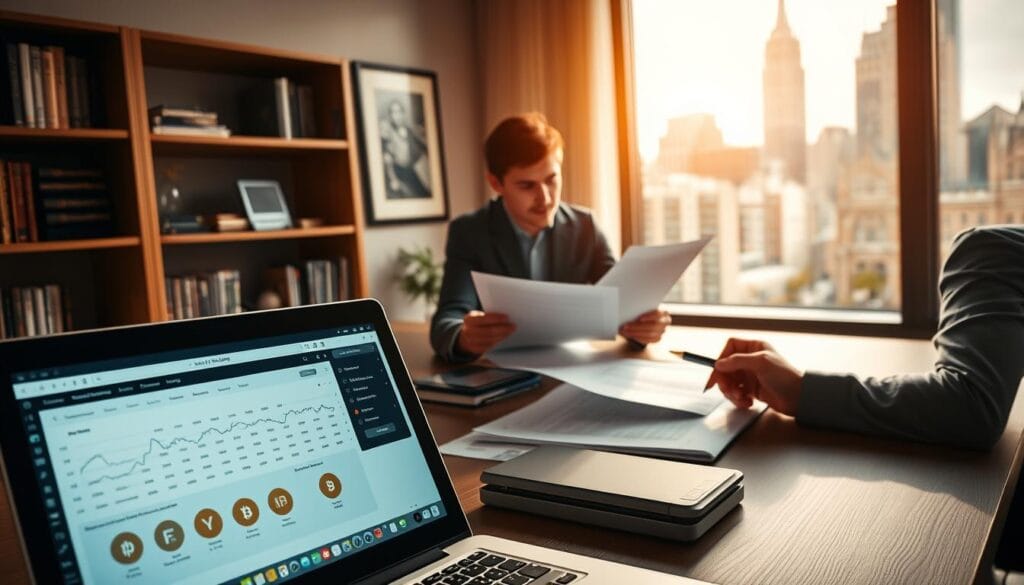 A well-lit, dynamic office scene. In the foreground, a laptop displays financial software with cryptocurrency integration icons. Nearby, a smartphone displays a mobile tax app. In the middle ground, a person reviews documents, highlighter in hand. The background features a bookshelf, framed artwork, and a window overlooking a bustling cityscape. The lighting is warm and professional, complementing the modern, tech-savvy atmosphere. The composition draws the viewer's eye towards the integration of traditional and cryptocurrency-focused tax tools.