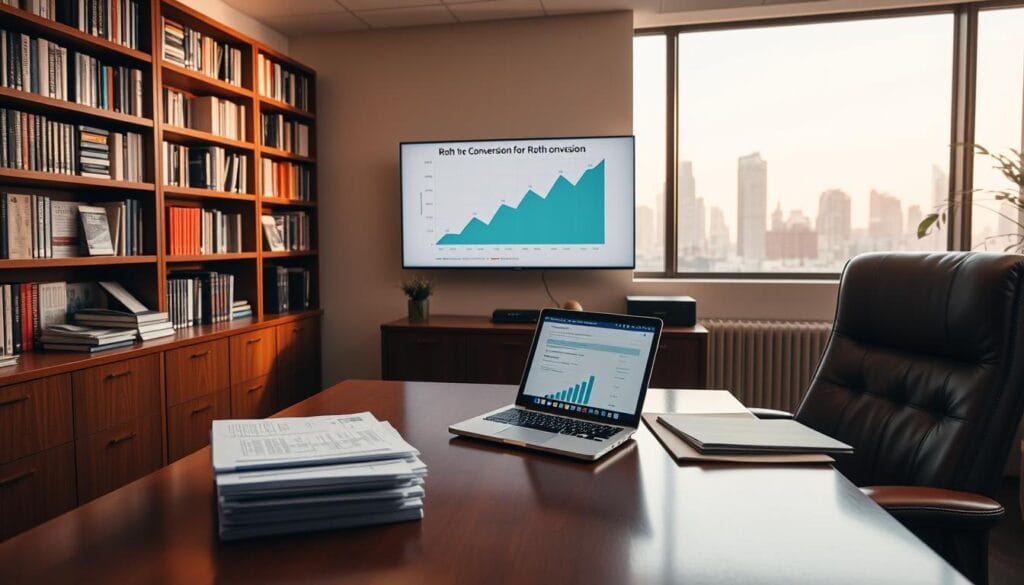 A well-lit financial office, with a wooden desk and leather chair in the foreground. On the desk, a stack of financial documents and a laptop displaying a Roth conversion calculator. In the middle ground, a wall-mounted monitor showing a graph visualizing the advantages of Roth conversions. The background features bookshelves filled with financial publications, along with a large window overlooking a cityscape. The overall atmosphere conveys a sense of thoughtful financial planning and strategic decision-making.