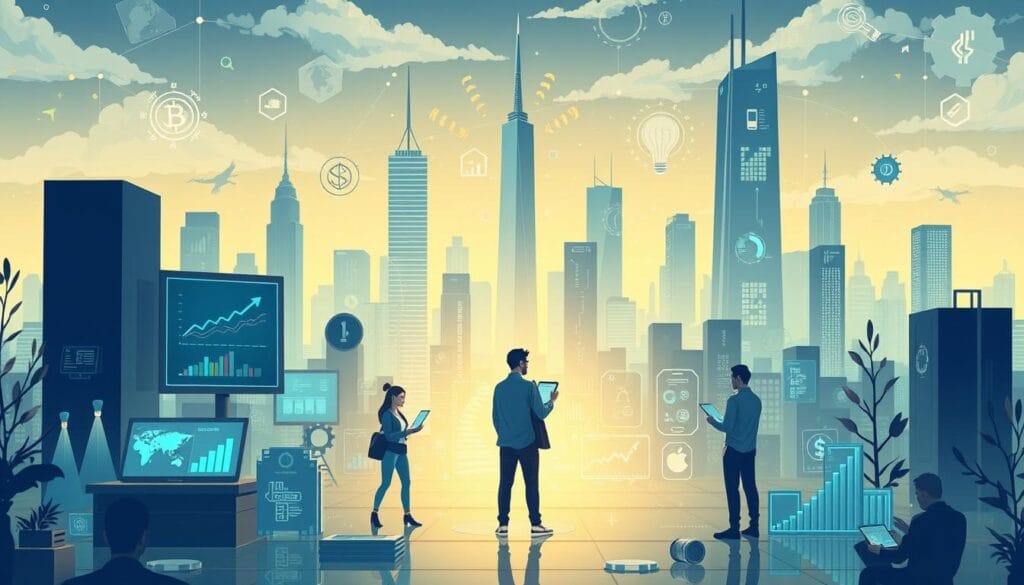 A well-lit, high-resolution digital illustration depicting financial planning tips centered around blockchain technology. The foreground showcases various blockchain-based financial tools and services, such as decentralized lending platforms, smart contract-powered investment portfolios, and cryptocurrency-based budgeting apps. The middle ground features figures engaged in financial planning activities, examining charts and graphs on digital devices. The background depicts a futuristic cityscape with skyscrapers and holograms, symbolizing the integration of blockchain into the financial landscape of 2025. The overall mood is one of innovation, efficiency, and empowerment, highlighting the role of blockchain in enabling more effective personal financial management.